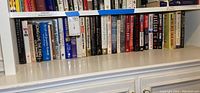 Books on shelf showing spines with titles related to history and economics including biographies and memoirs.