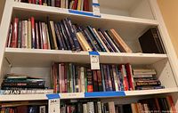 Two shelves of various religious books showing spines with titles related to Christianity and Bible study.