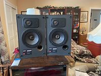 Pair of JBL 62T speakers side by side showing front face and damaged cones