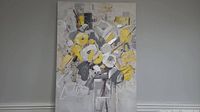 Full view of abstract floral painting hung on wall showing flower arrangement in yellows, grays, whites