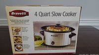 Bravetti 4 quart slow cooker box front showing product image and features.