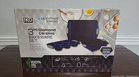 Box showing the front of the IKO 3pc Diamond Ceramic Bakeware Set with product images and features.