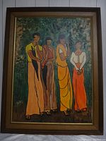 Full view of framed painting depicting four women, two holding black umbrellas, signed by James R McGinnis.