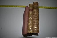 Three books side by side showing two large leather bound volumes with ornate gilt spines and one small red hardcover book with colorful illustrated cover.
