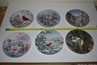 Photo of six circular collector plates arranged in two rows of three, each decorated with different bird and nature scenes.