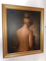 Front view of the oil painting showing the subject, a woman with blonde hair in a bun seen from behind, with a dark background and warm accents.