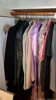 Row of nine coats and jackets hanging on wooden closet rod