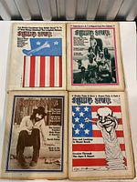 Four Rolling Stone magazines from 1972 with distinct, colorful covers showing political and cultural themes