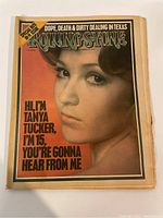 Front cover of the 1974 Rolling Stone magazine featuring Tanya Tucker close-up portrait with headline text.