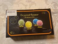 Front box photo showing colorful crystal flowers in pots, age recommendation 6+, STEM educational toy label