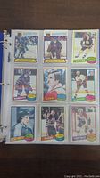 Photo showing a 3-ring binder page holding 9 hockey cards from 1980-81 O Pee Chee set with players from New York Rangers, Flyers, Bruins, Islanders, Maple Leafs, Oilers, and Capitals.