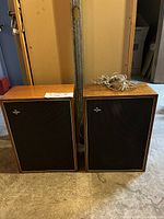 Front view of both speakers showing their rectangular wooden cabinets with black front grilles and Hi-Fi logos.