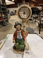 Full view of the porcelain figurine clock showing the man sitting and the tall clock post.