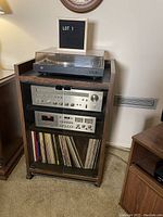 Full assembled stereo system on stand with vinyl stored below