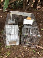 View of all three traps together on the ground in an outdoor setting with plants and dirt.
