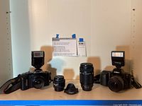 Full lot arranged side by side: two camera bodies central, four lenses and hood in front, two flash units on top.