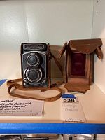 Camera and case side by side on shelf
