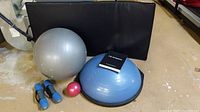 Photo showing a gray exercise ball, blue BOSU balance trainer ball, pair of blue hand weights, small pink ball, black exercise mat, and exercise book titled 'The Workouts'.