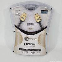 Clear plastic clamshell packaging showing Generations brand 8100 Series HDMI cable, length 8 ft, black flat cable, gold connectors, labeled High Speed HDMI with Ethernet, 18.8 Gbps, 1080p, 4K, Internet and 3D ready.