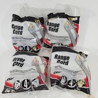 Four individual 4ft appliance cords in unopened plastic packaging. Three are Range Cords, one is a Dryer Cord.