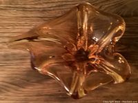 Top-down view showing the asymmetrical leaf shape with curled edges and translucent amber hue, capturing light and shadow effects.