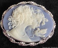 Front view of the cameo brooch showing the white relief of two women and a bird on blue background with silver twisted rope edge.