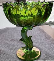 Side view showing iridescent green glass with a twisted leaf stem and lotus petal scalloped bowl.