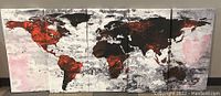 Full five-panel canvas wall art depicting an abstract world map with red and black continents on a gray textured background.