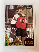 Front view of 1987 O-Pee-Chee Ron Hextall rookie card showing the player in Flyers goalie gear with team logo and card design.