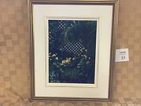 Framed original oil painting showing narcissi flowers and a lattice background, with light-colored wooden frame and inner decorative border.