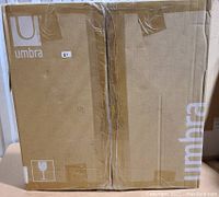 Sealed cardboard box with Umbra branding containing the wall mirror