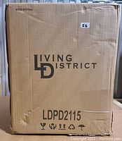 Original packaging box for the Rincon 1-Light Single Geometric Pendant Light, model LDPD2115, showing the Living District brand logo and handling symbols.