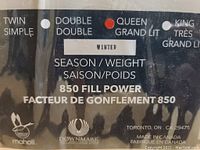 Label showing size options with red dot at Queen and season marked Winter