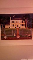 Full view of the print showing a large white house at night with children playing outside, catching fireflies under a crescent moon.