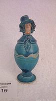 Full view of blue ceramic Mad Hatter egg cup, showing detailed face, hat, and rounded body