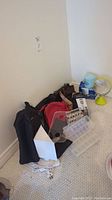 Overview of assorted items including jewelry cleaner, overnight bags, makeup mirror, and plastic organizers on carpeted floor.