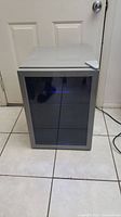 Frigidaire EFIMIS9000 beverage center front with closed glass door showing silver frame and top handle.