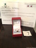 Overhead view of red jewelry box holding earrings in front of appraisal report