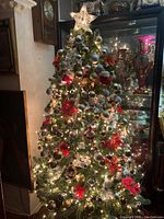 Full view of illuminated Christmas tree with silver and red ornaments, poinsettia flowers, star topper, and visible display cabinet background.