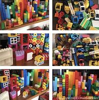 Wide view of organized Lego Duplo blocks stacked and sorted by size and color