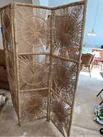 Full front view of the three-panel rattan folding screen standing on carpet