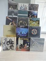 Full view of the 15 LP albums arranged in 4 rows. Visible album covers include Wings 'Band on the Run', Chicago, Grand Funk, Genesis, Electric Light Orchestra, Steve Miller Band, Donnie Iris, The Doobie Brothers, and Creedence Clearwater Revival with their original inserts.