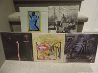 Photo of five Steely Dan vinyl LP albums arranged on carpeted stairs. Albums included are Gaucho, Pretzel Logic, Aja, Can't Buy a Thrill, and The Royal Scam.