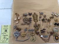 Full view of collection of costume jewelry including crowns, stick pins, earrings, and purse holder spread on brown paper.