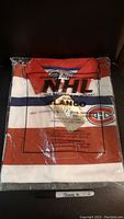 Photo of the sealed rugby style jersey showing the packaging label with brand, NHL, and size information.