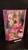 Front of sealed 2012 Barbie Pink Shoes ballerina doll box showing doll in pink ballerina dress.
