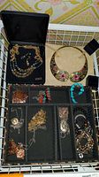 Wide photo showing the assortment of costume jewelry including necklaces, bracelets, pins, and earrings arranged in trays and a box.