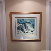 Full view of framed A.J. Casson limited edition print showing mat and gilt wood frame