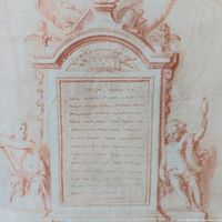 Close-up of lower central tablet and cherub figures in red chalk