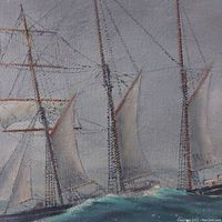 Close-up of schooner sails against grey sky
